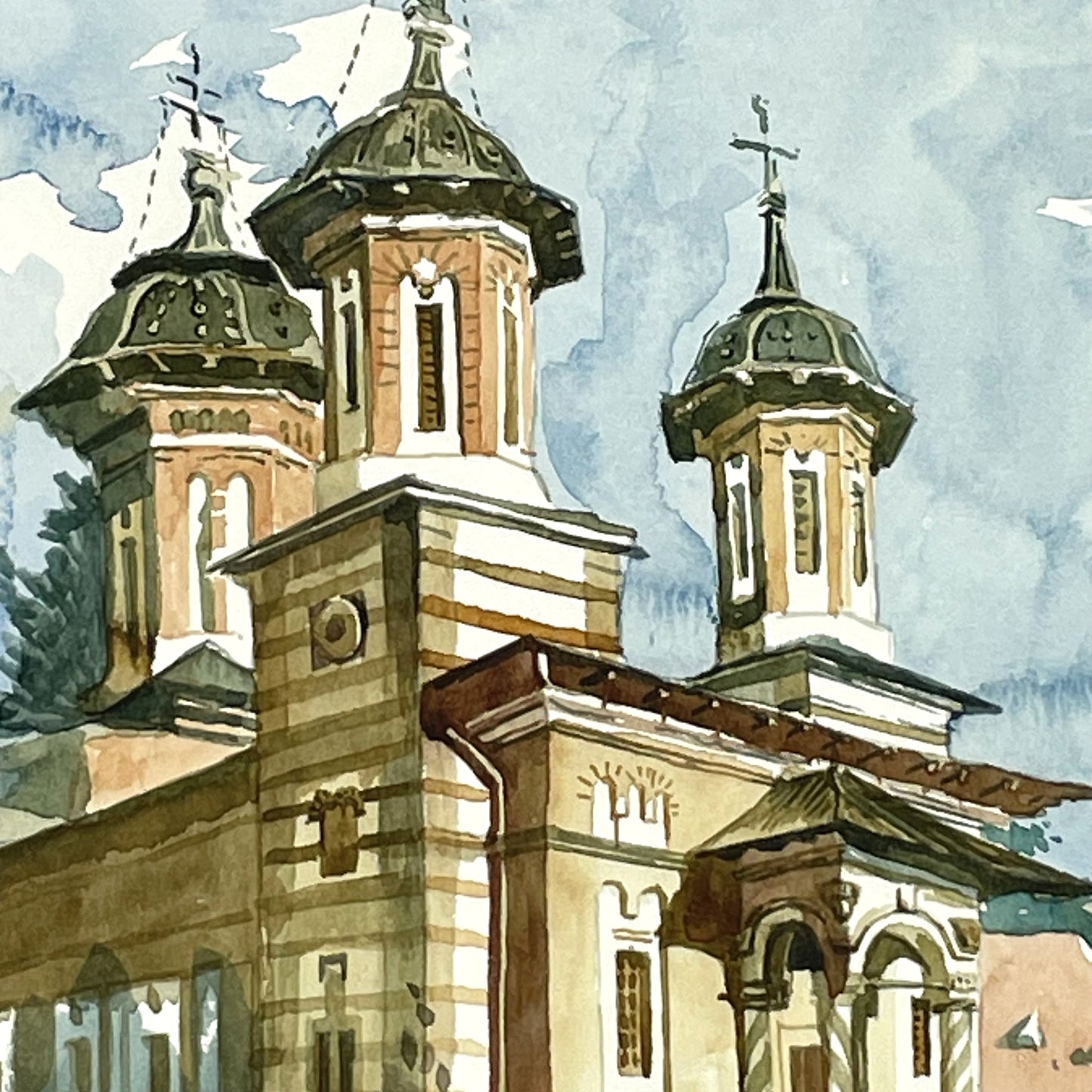 Fine Contemporary Signed Watercolor Painting Sinaia Monastery Romania