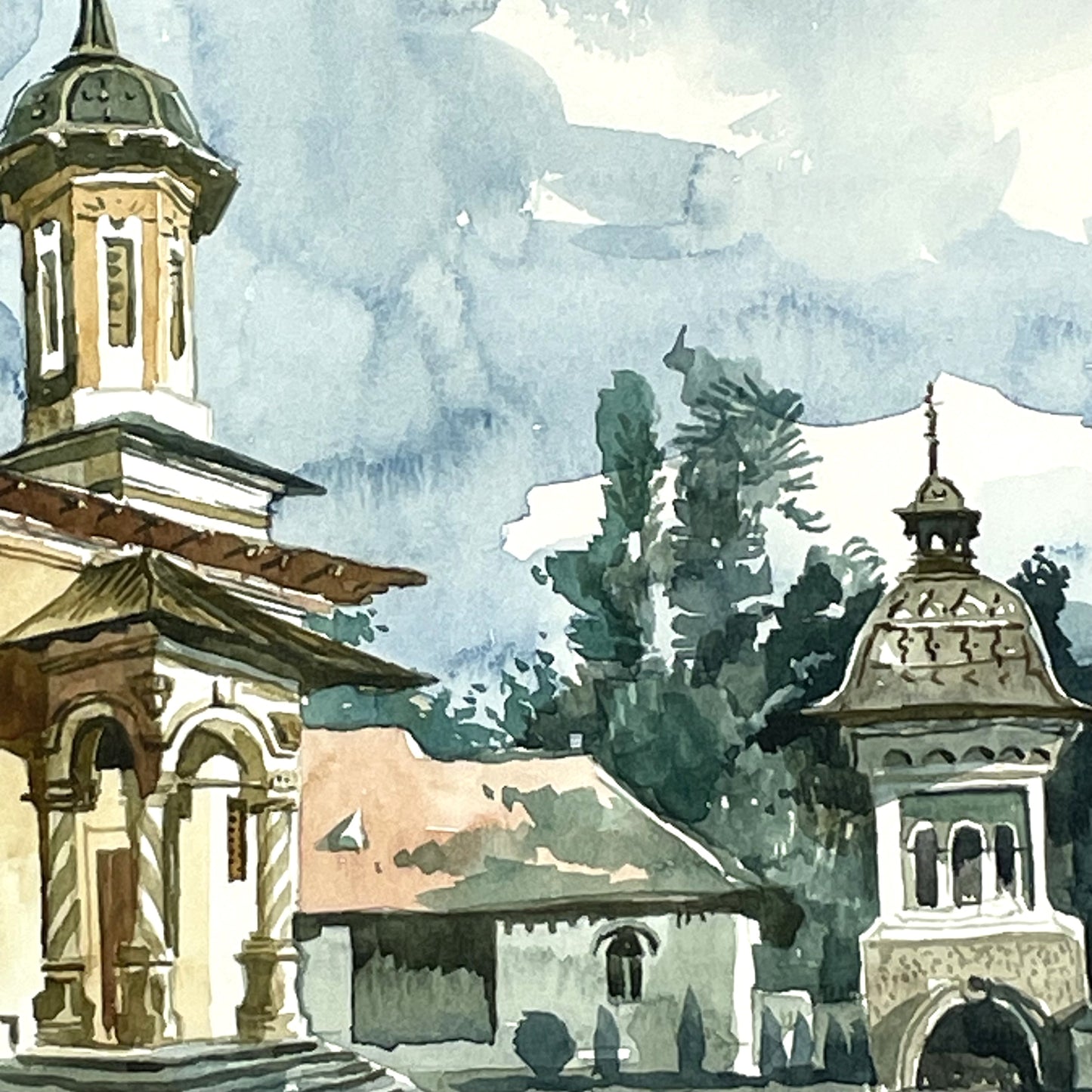 Fine Contemporary Signed Watercolor Painting Sinaia Monastery Romania