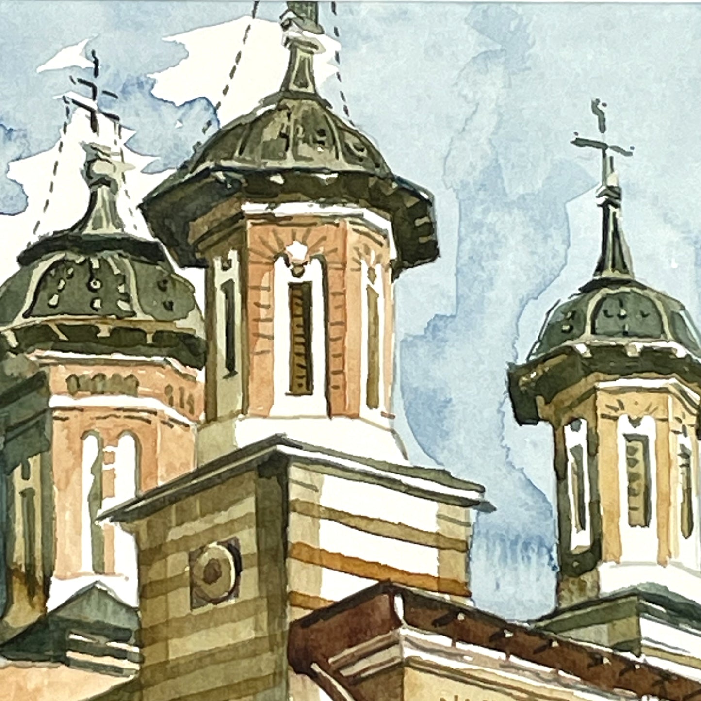 Fine Contemporary Signed Watercolor Painting Sinaia Monastery Romania