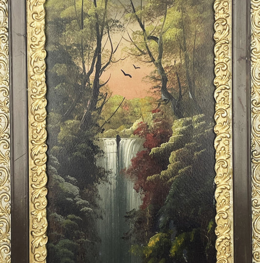 Antique Primitive Oil Painting Deep Forest Waterfall Ornate Frame