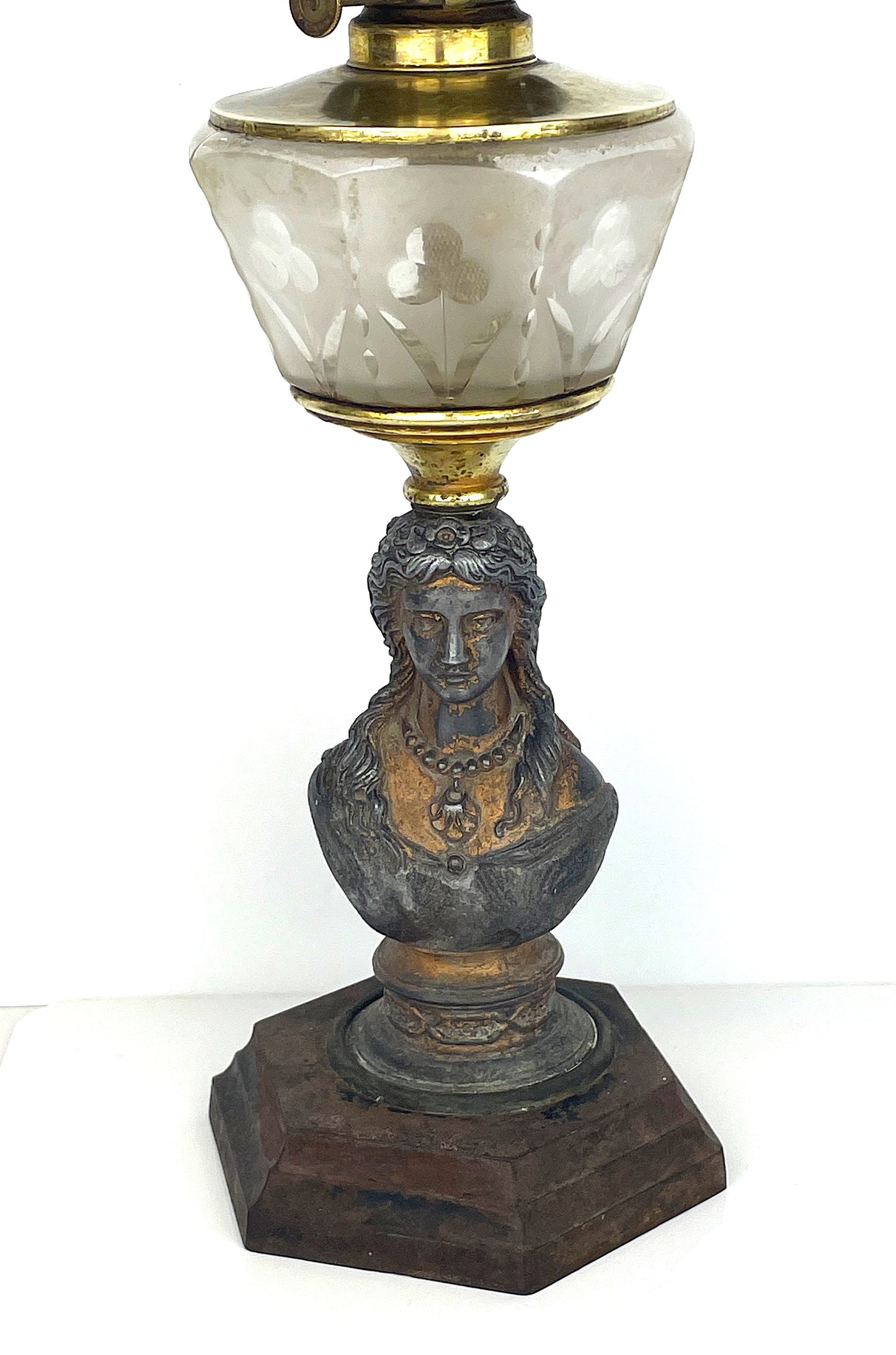 Antique Victorian 1867 Jenny Lind Figural Cast Metal Bust & Etched Glass Oil Lamp