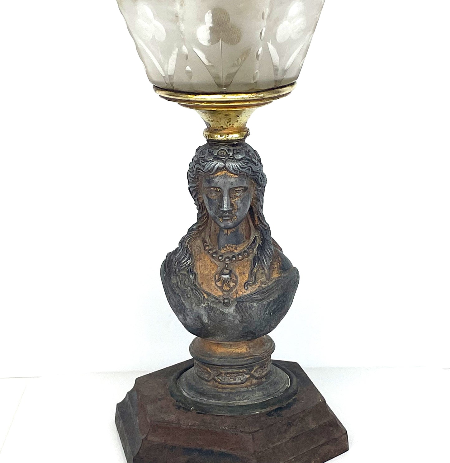 Antique Victorian 1867 Jenny Lind Figural Cast Metal Bust & Etched Glass Oil Lamp