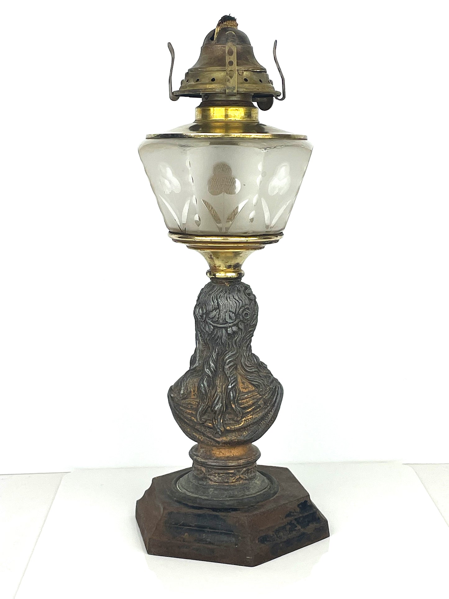 Antique Victorian 1867 Jenny Lind Figural Cast Metal Bust & Etched Glass Oil Lamp