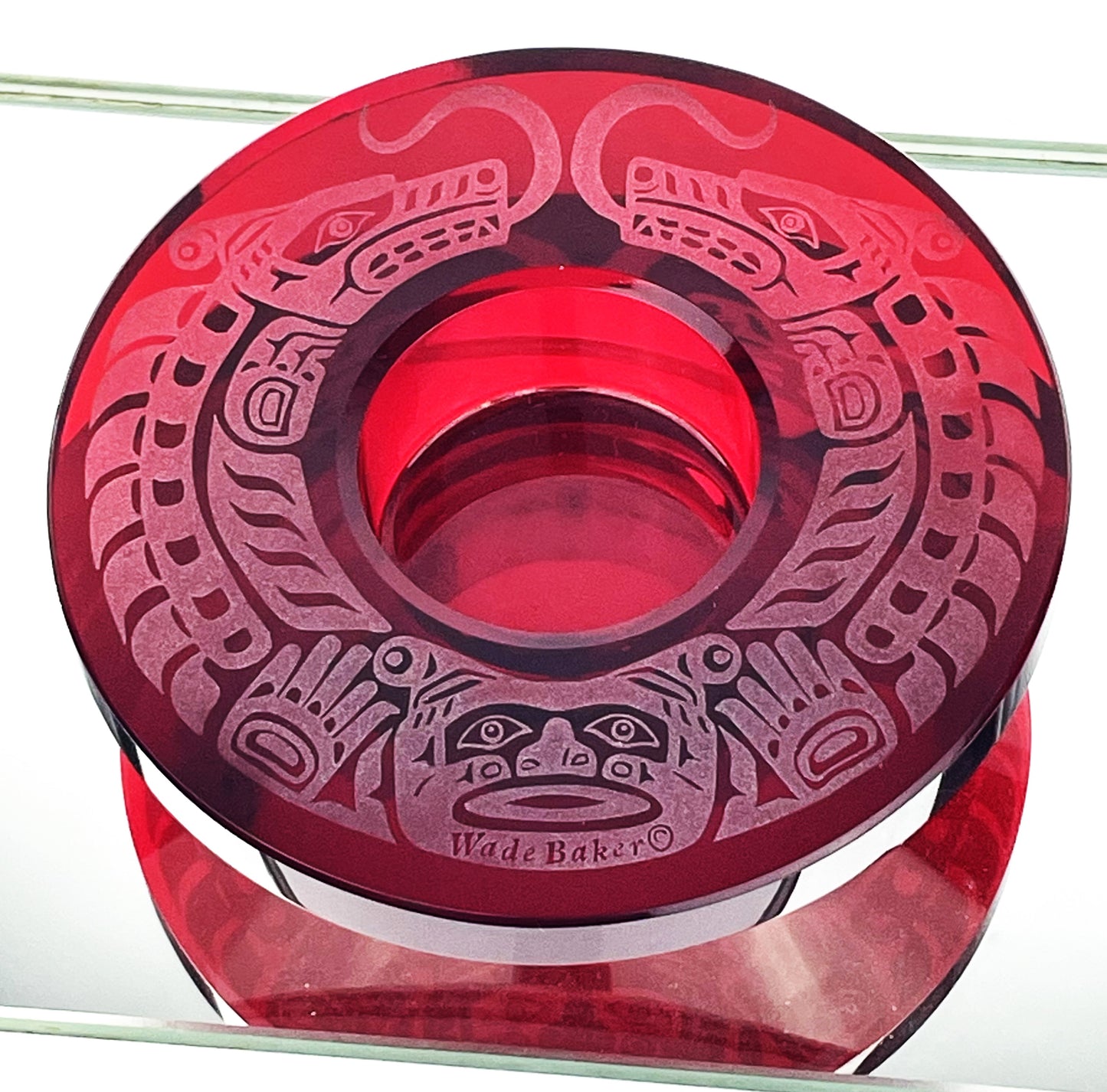 Wade Baker Haida Native Etched Red Ruby Art Glass Tealight Dragon