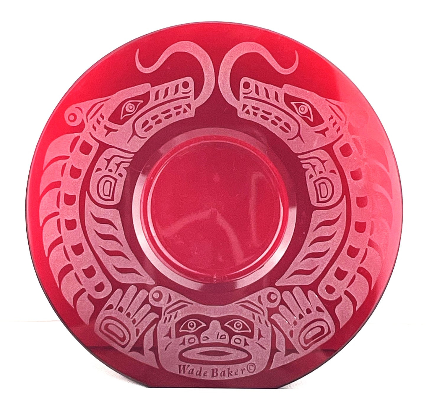 Wade Baker Haida Native Etched Red Ruby Art Glass Tealight Dragon