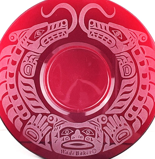 Wade Baker Haida Native Etched Red Ruby Art Glass Tealight Dragon