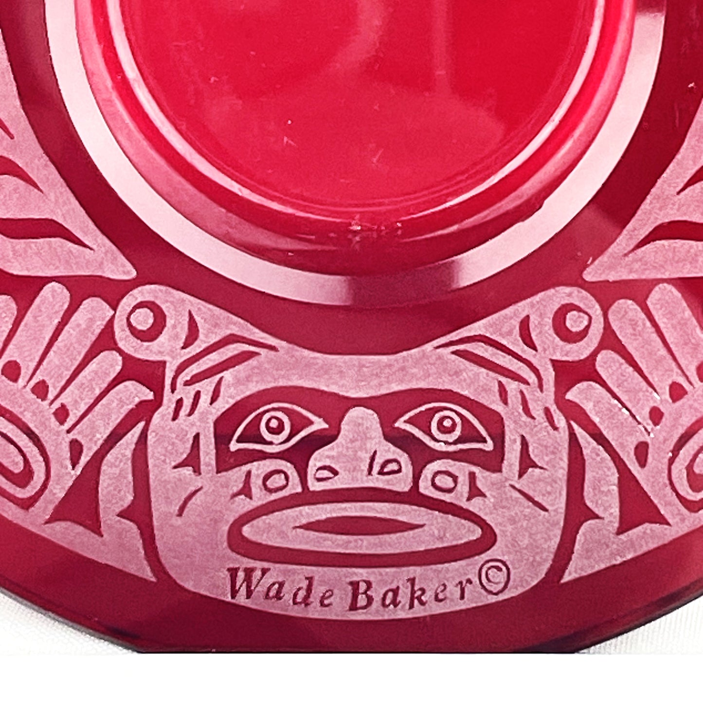 Wade Baker Haida Native Etched Red Ruby Art Glass Tealight Dragon