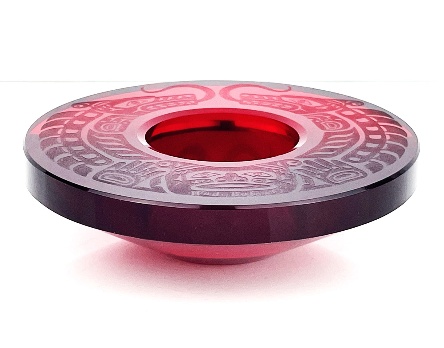 Wade Baker Haida Native Etched Red Ruby Art Glass Tealight Dragon