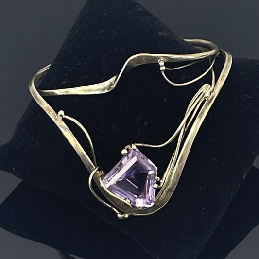 Modern Abstract Filigree Sterling Silver & Amethyst Artisan Cuff Bracelet