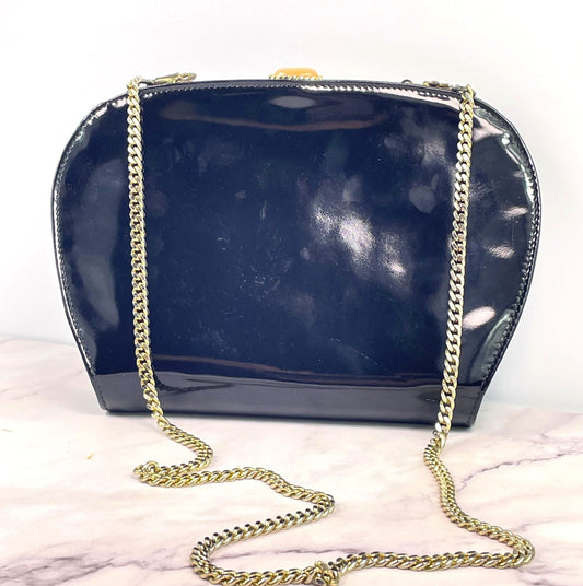 Vintage Oscar de la Renta Black Patent Leather Designer Shoulder Bag Italy