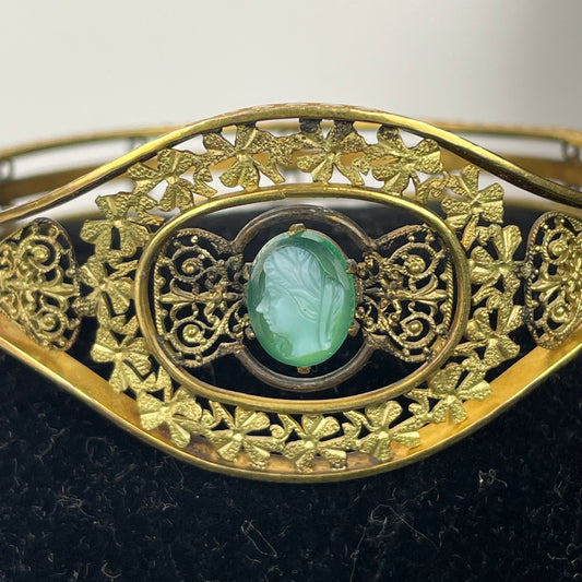 Antique Victorian Era Gold Filled R&F Green Cameo Bangle Bracelet