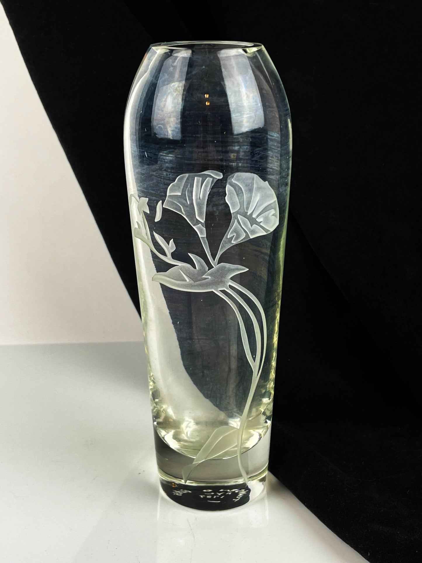 Milon Townsend Vintage Signed Etched Glass Morning Glory Vase