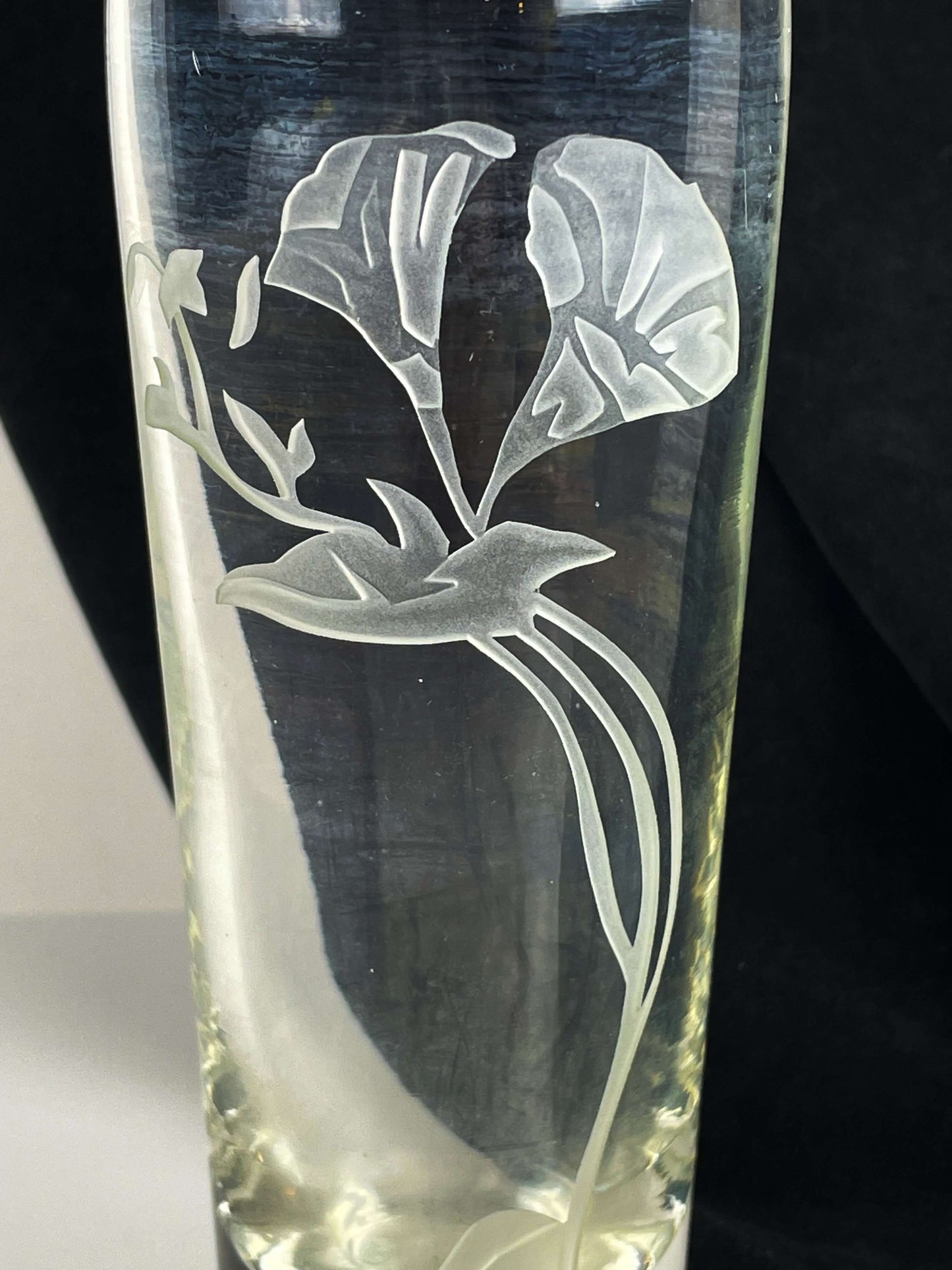 Milon Townsend Vintage Signed Etched Glass Morning Glory Vase